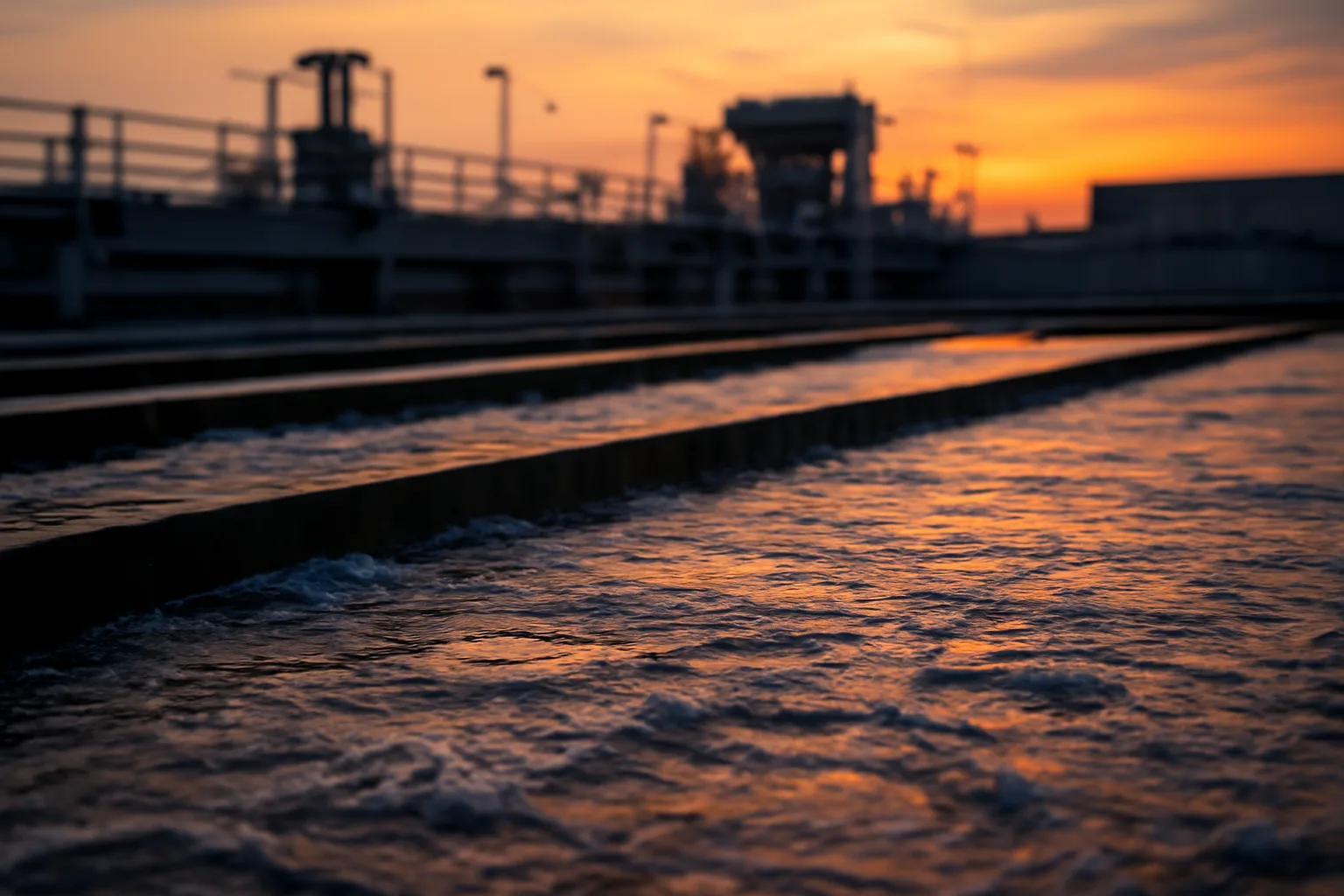 Aeration basin at a wastewater treatment plant photographed at dawn