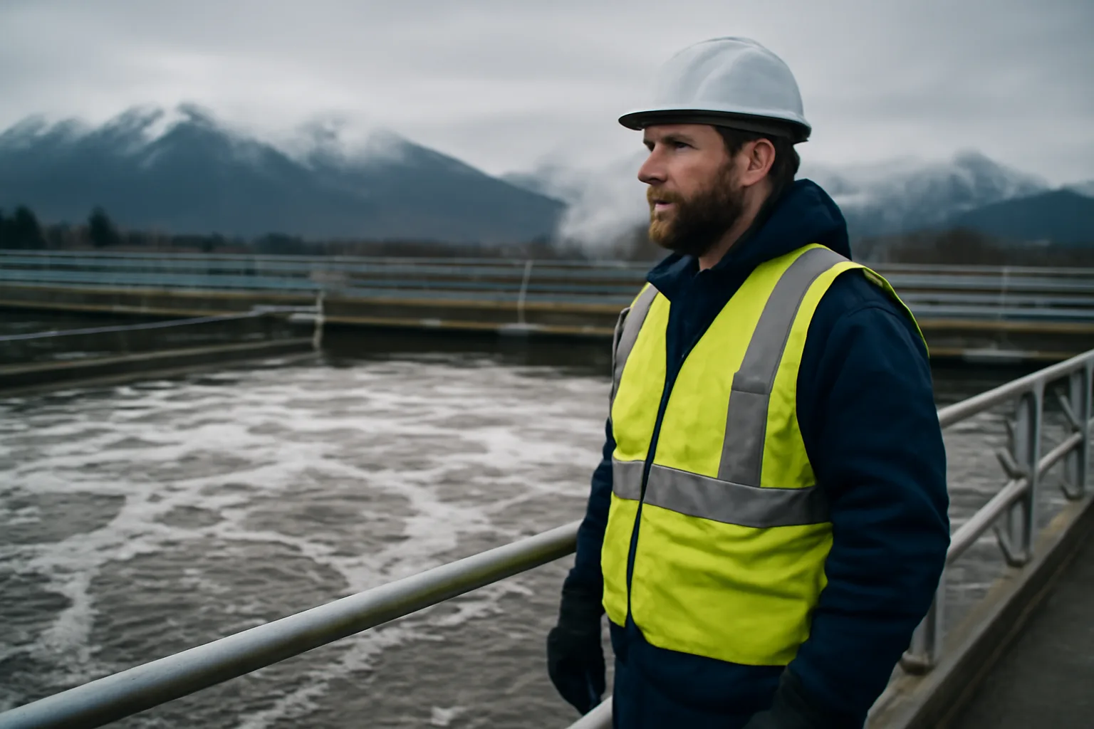 Wastewater operator inspecting aeration basin at Alaska treatment facility in winter