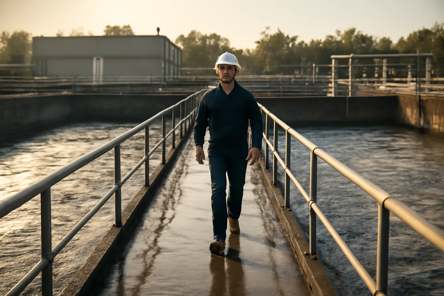 Operator walking an Indiana wastewater plant catwalk at sunrise