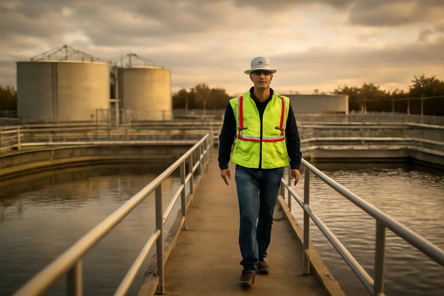 Wastewater operator walking a clarifier walkway at a Tennessee treatment plant