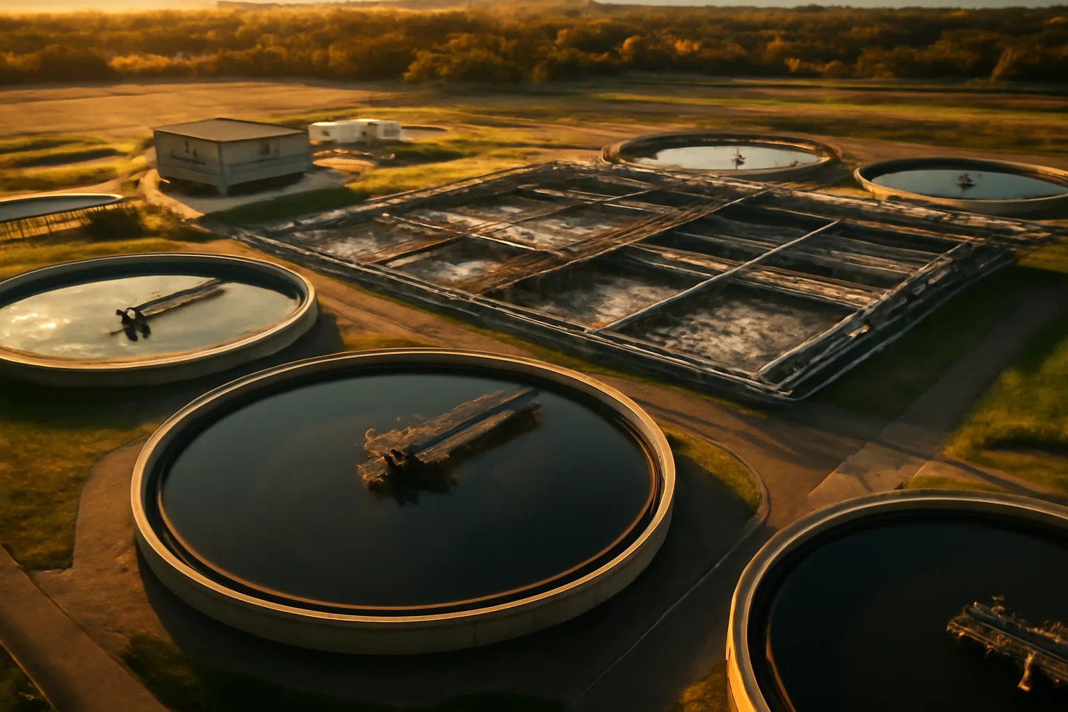 Aerial view of a Texas wastewater treatment plant with circular clarifiers at golden hour