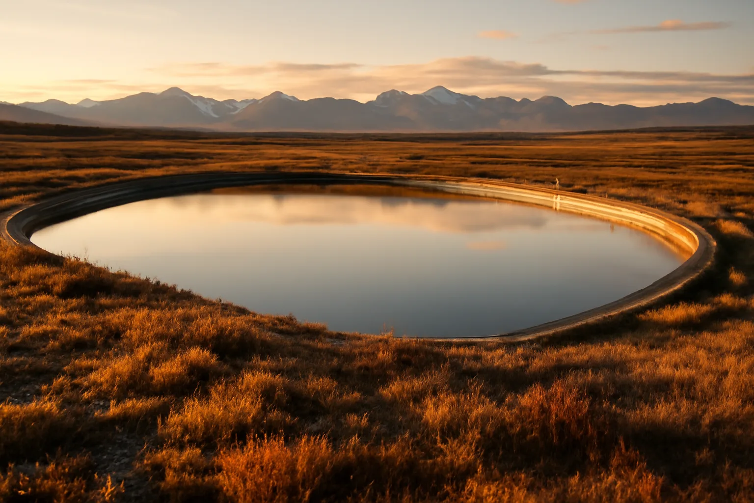 Remote Alaska wastewater treatment lagoon at golden hour with tundra and mountains