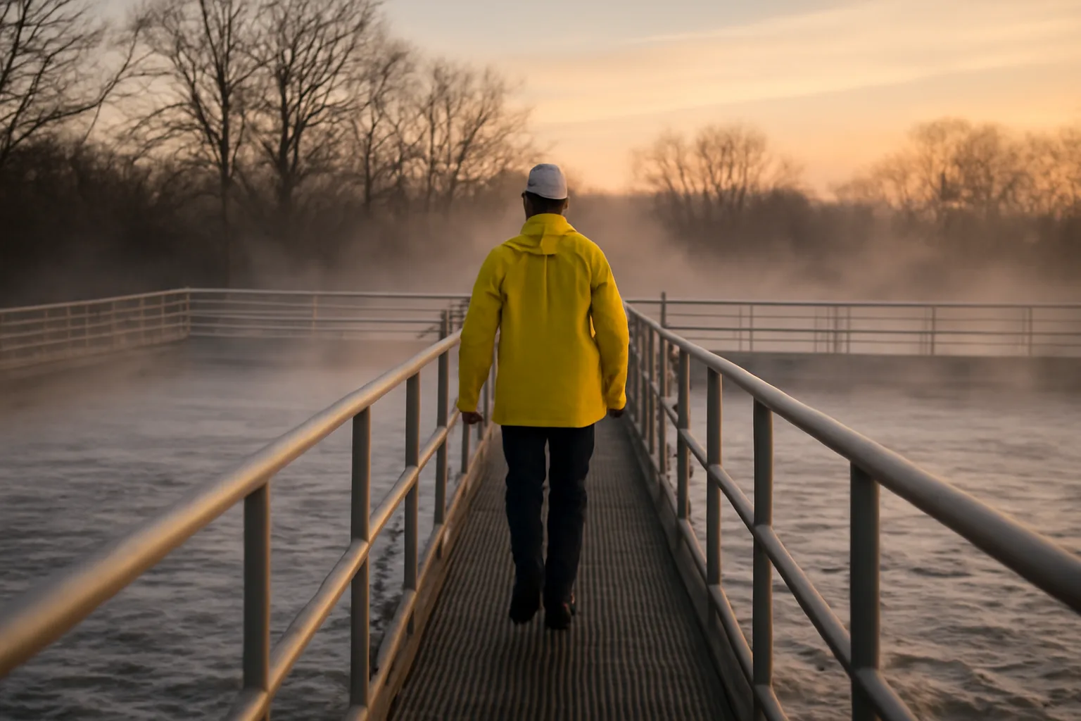 Operator walks a steel catwalk over an Arkansas wastewater aeration basin