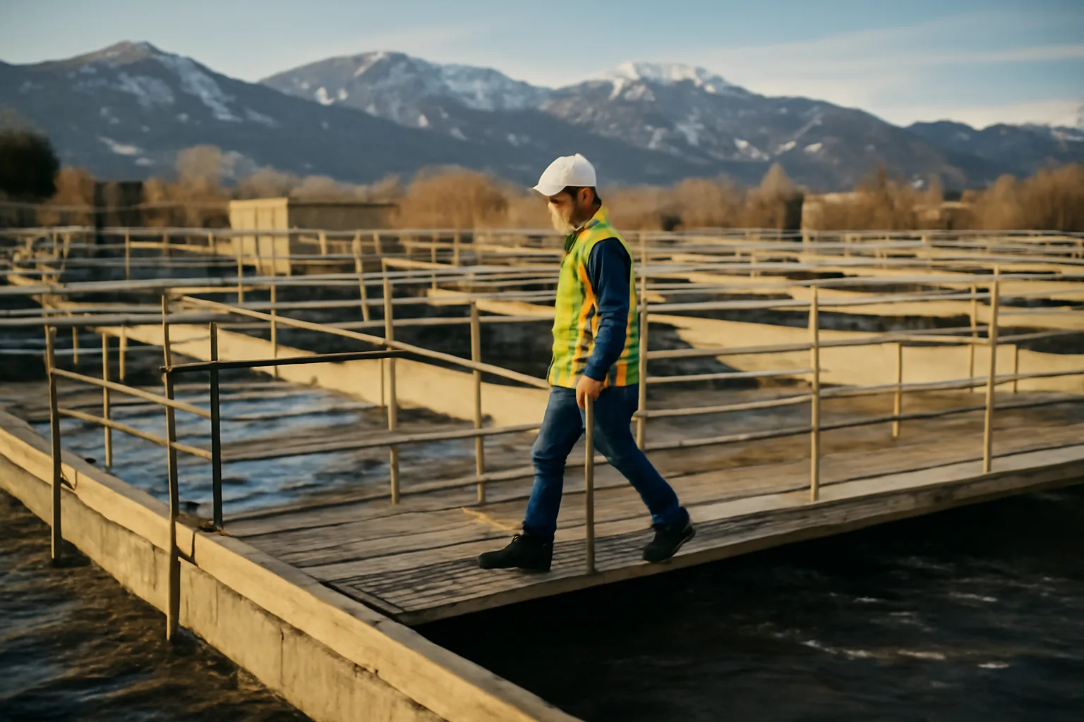 Operator walking aeration tank catwalk at a Colorado wastewater plant