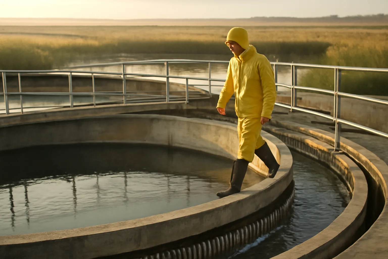 Operator walking a Delaware wastewater clarifier in morning light