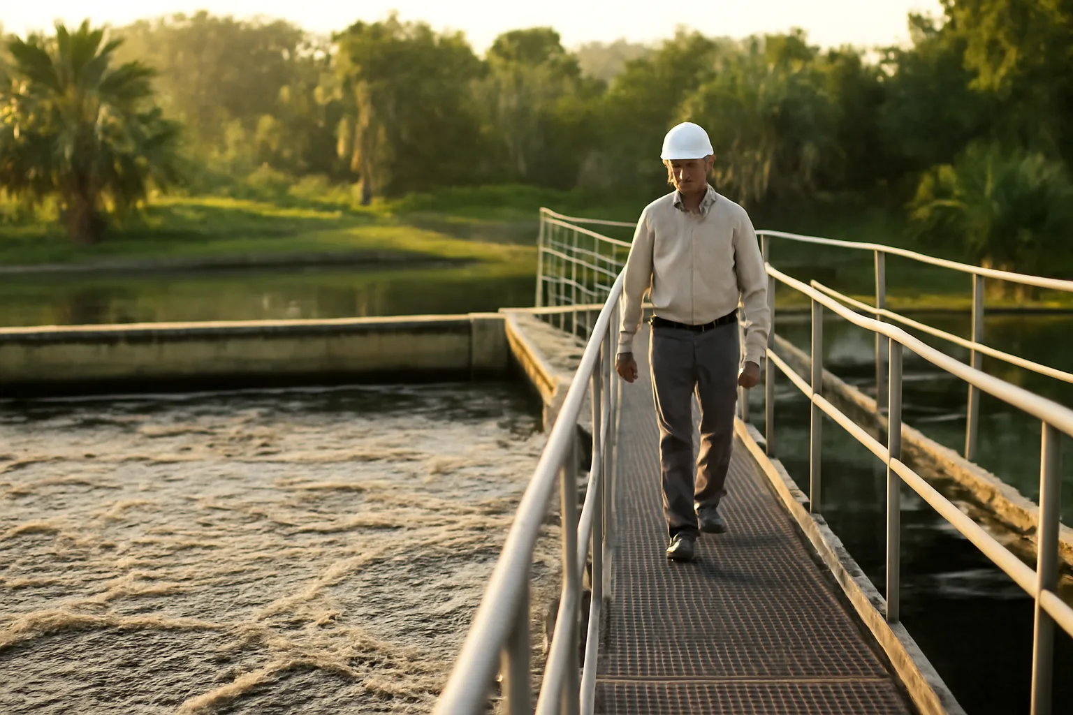 Operator on a Florida wastewater plant catwalk at sunrise