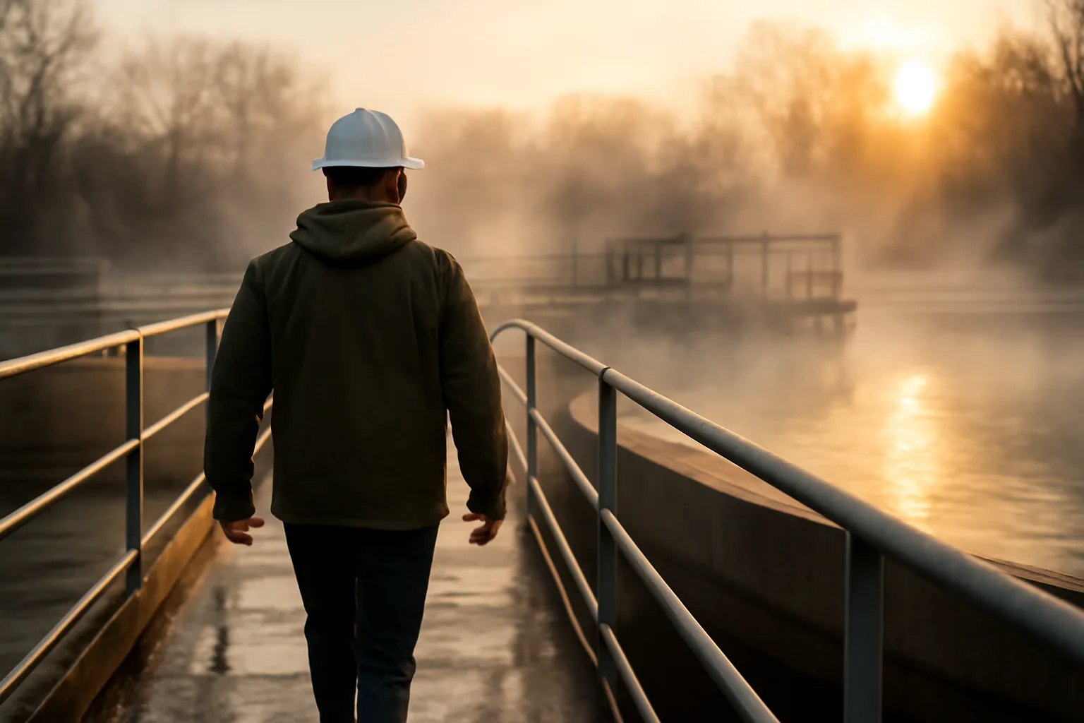 Technician on a clarifier catwalk at an Indiana wastewater plant