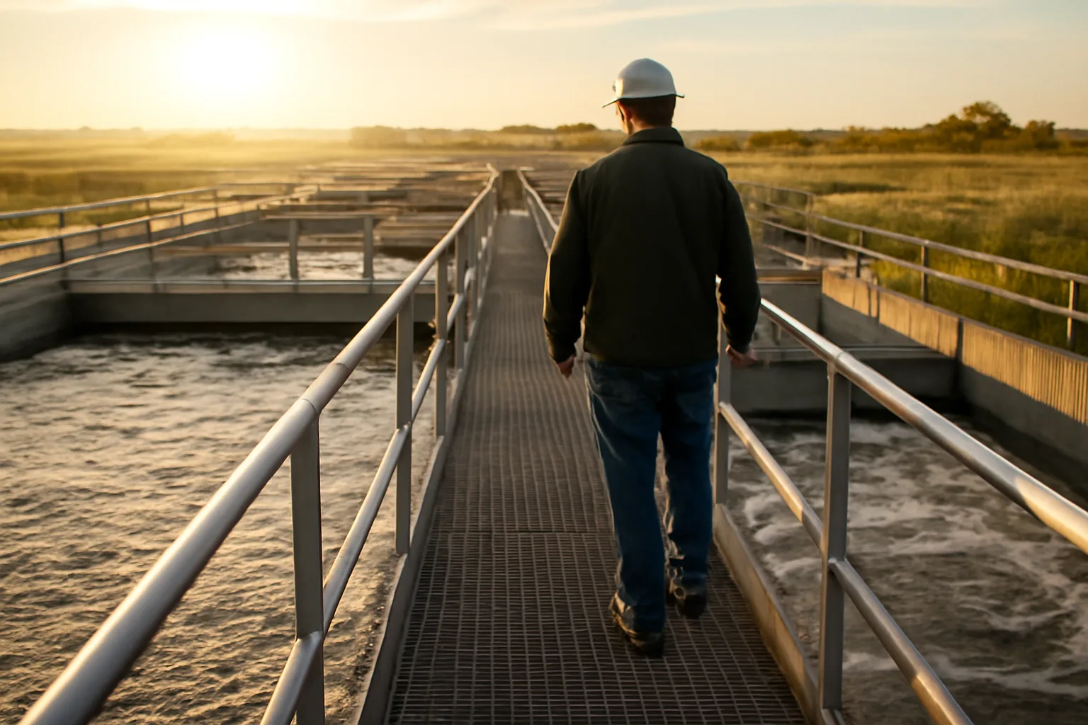 Worker walking aeration tanks at an Iowa wastewater plant at sunrise