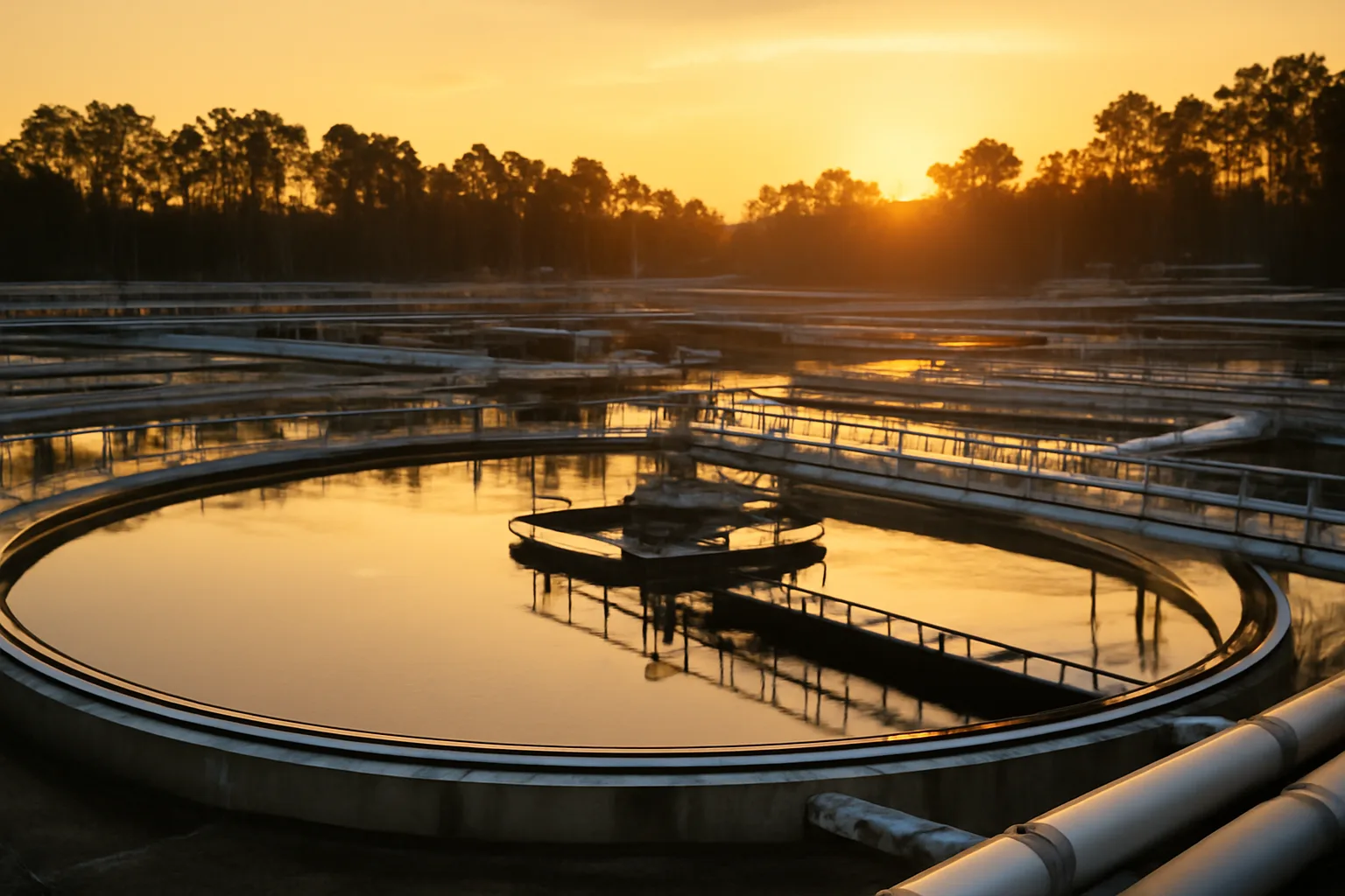 Circular clarifier tanks at an Alabama wastewater treatment plant at dawn