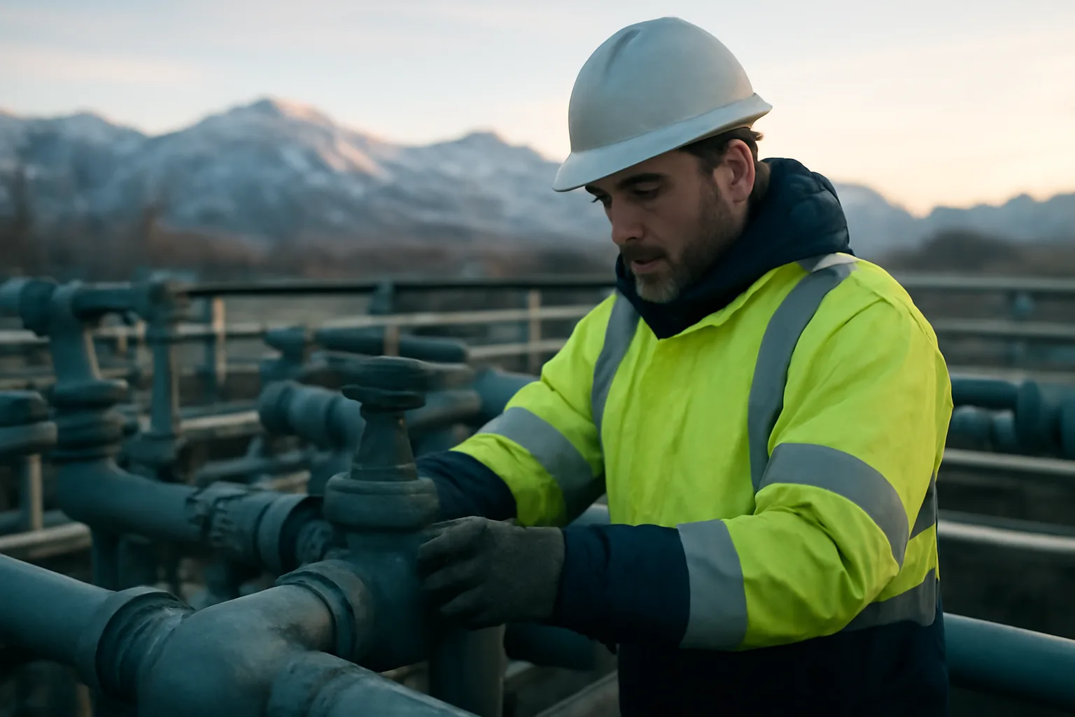 Wastewater operator checking valves at an Alaska treatment facility at dawn