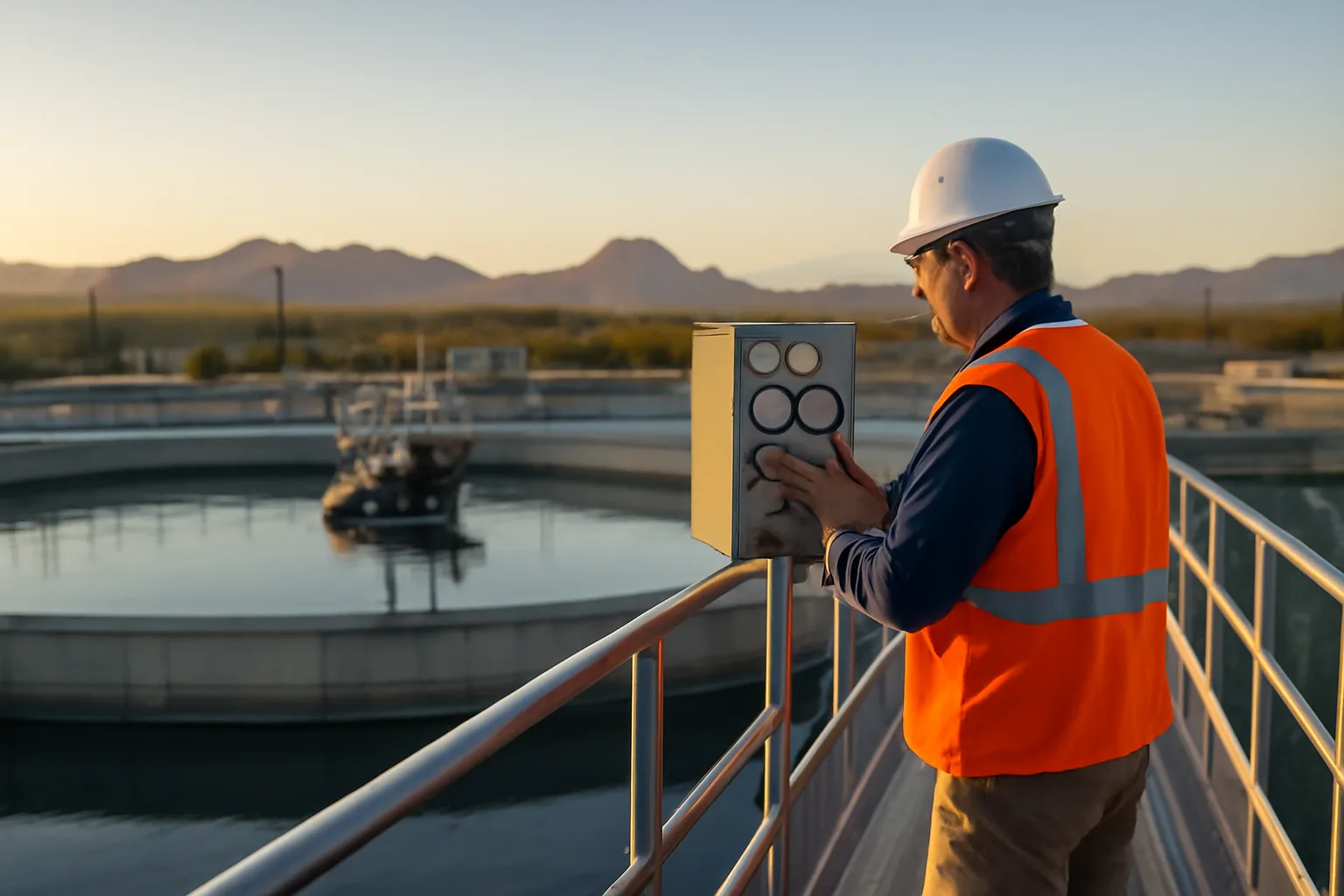 Wastewater operator checking gauges at a treatment plant clarifier in Arizona