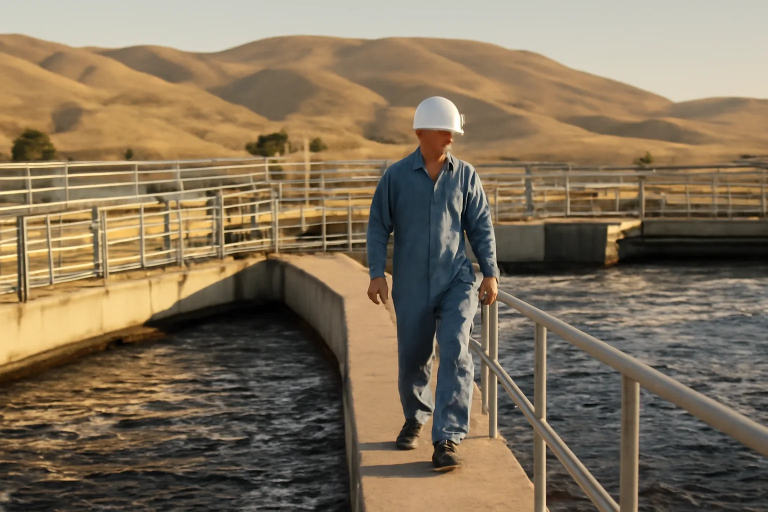 Wastewater operator walking an aeration basin catwalk in California