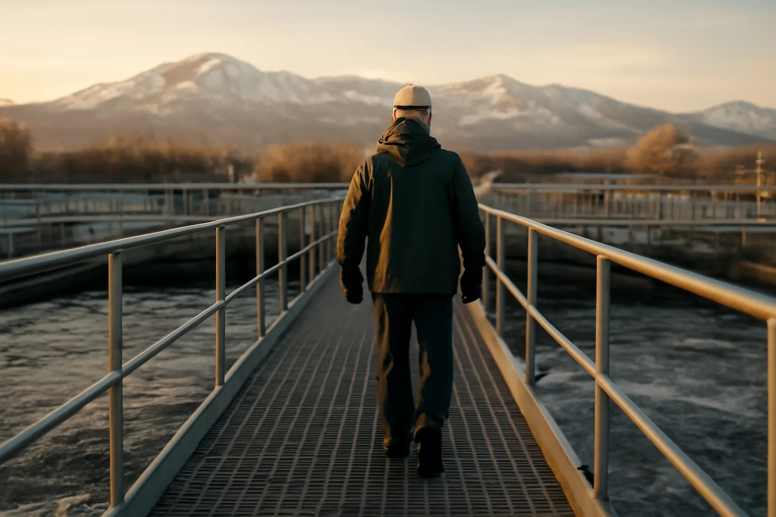 Worker walking an aeration basin catwalk at a Colorado treatment plant