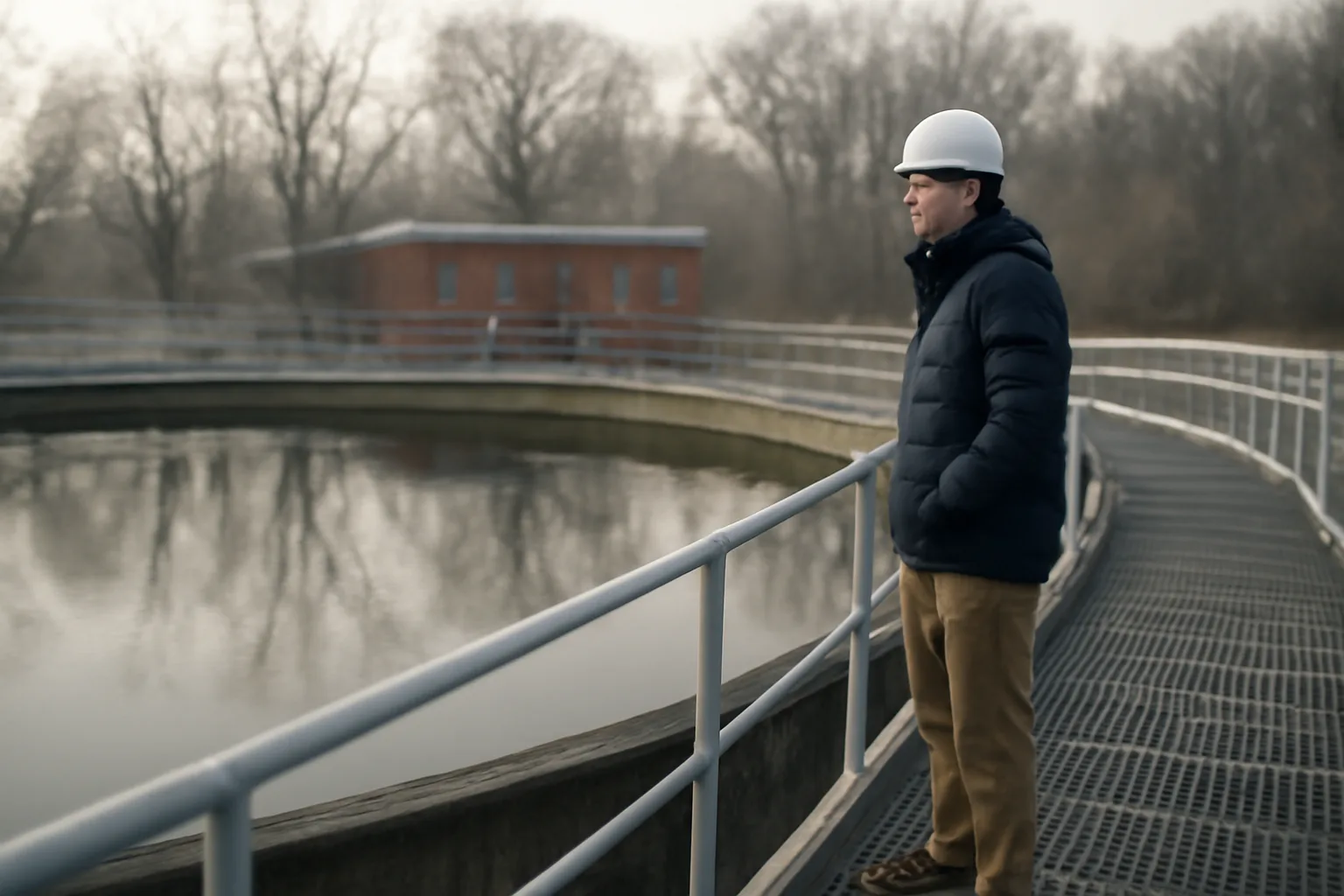 Wastewater operator on a clarifier walkway at a Connecticut plant