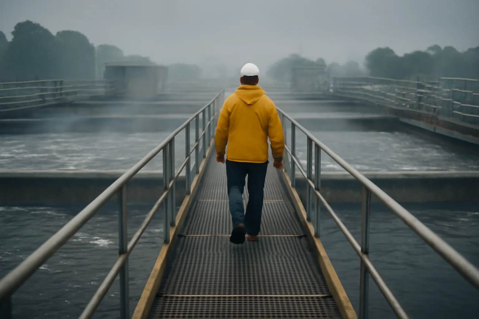 Operator walking a Delaware wastewater plant catwalk at dawn