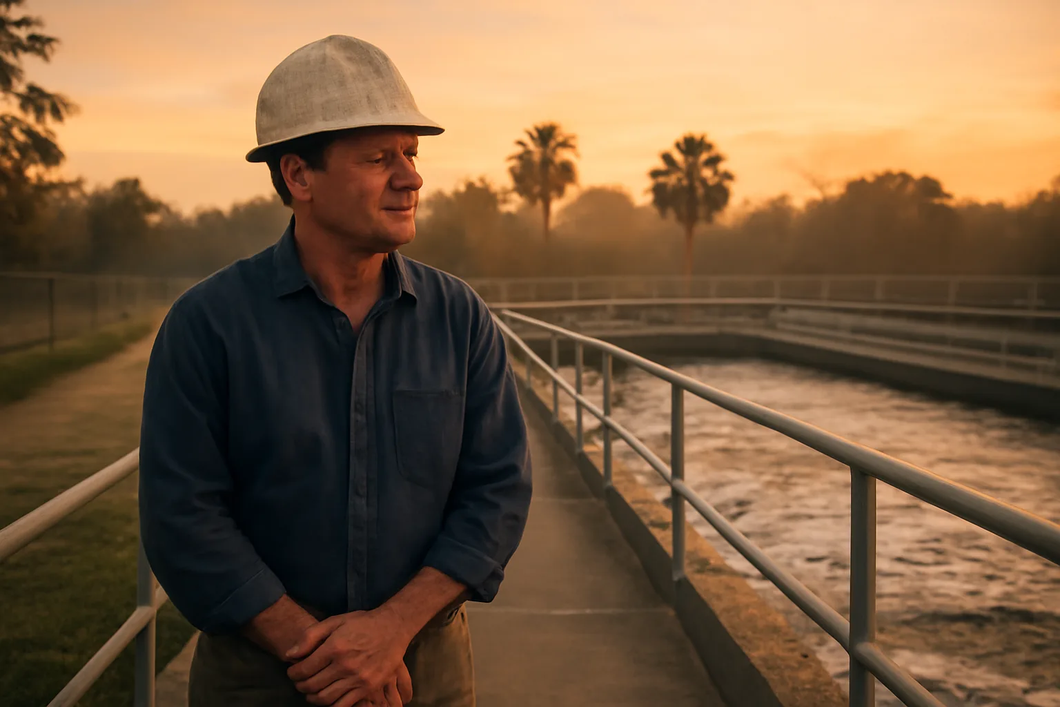 Wastewater operator walking a Florida treatment plant catwalk at sunrise