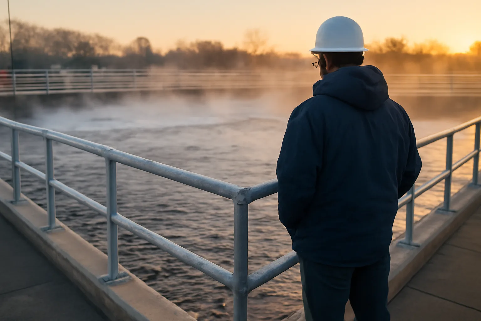 Wastewater operator on an Iowa plant walkway at dawn