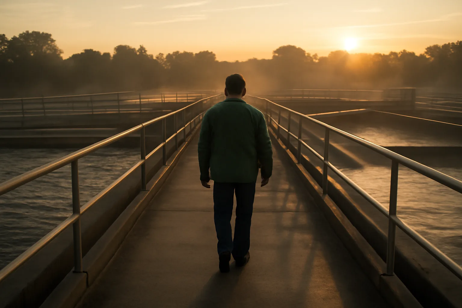 Operator walking aeration tanks at a Kansas wastewater plant dawn