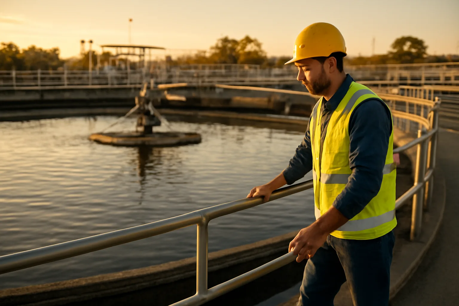 Wastewater operator in hard hat inspecting a clarifier at a Texas treatment facility