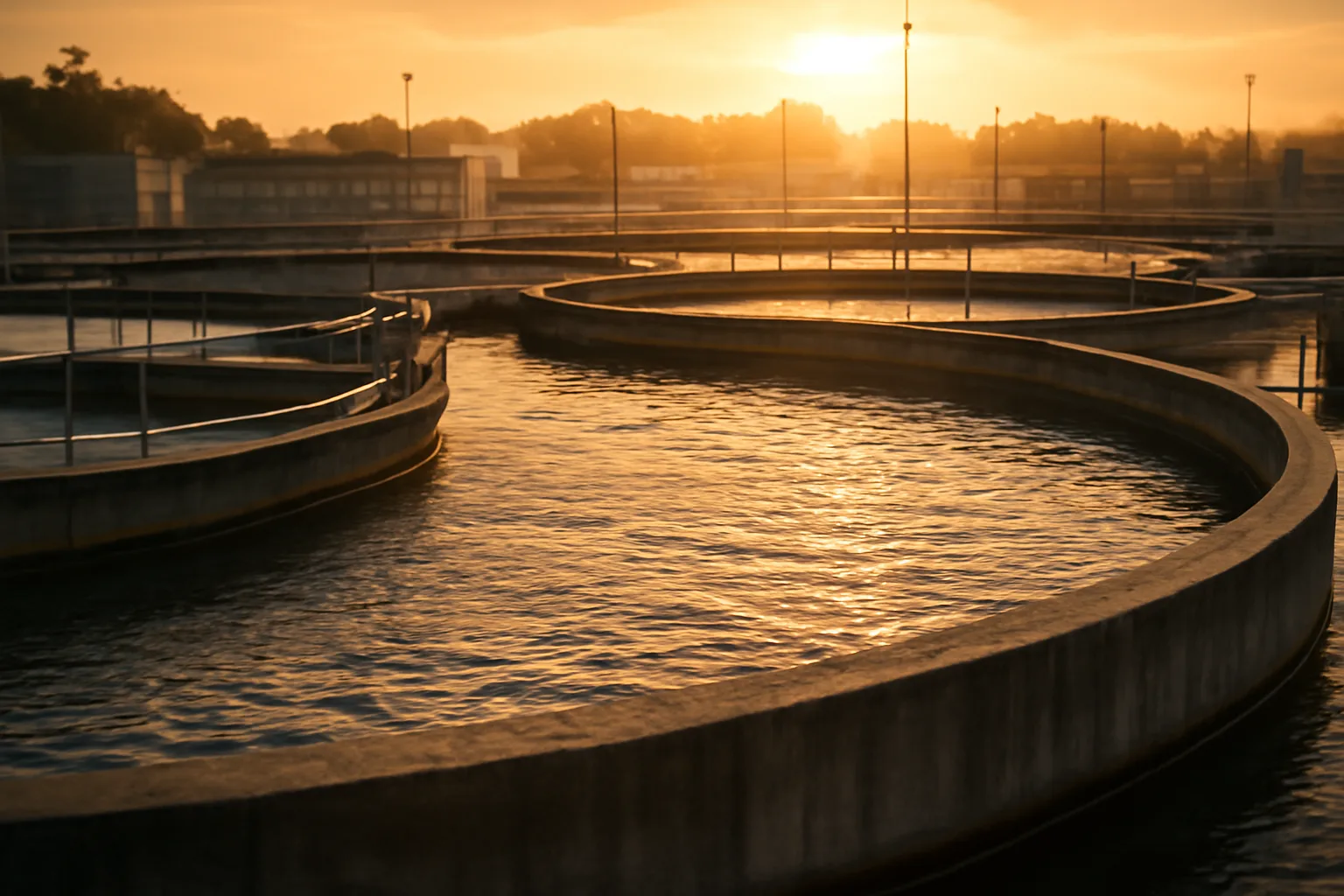 Wastewater treatment aeration basins at dawn at an Alabama facility