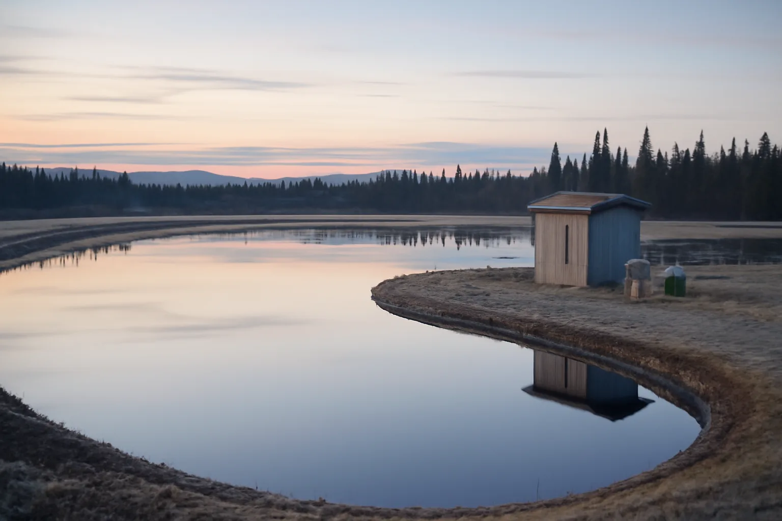 Wastewater treatment lagoon in rural Alaska at dawn with spruce treeline