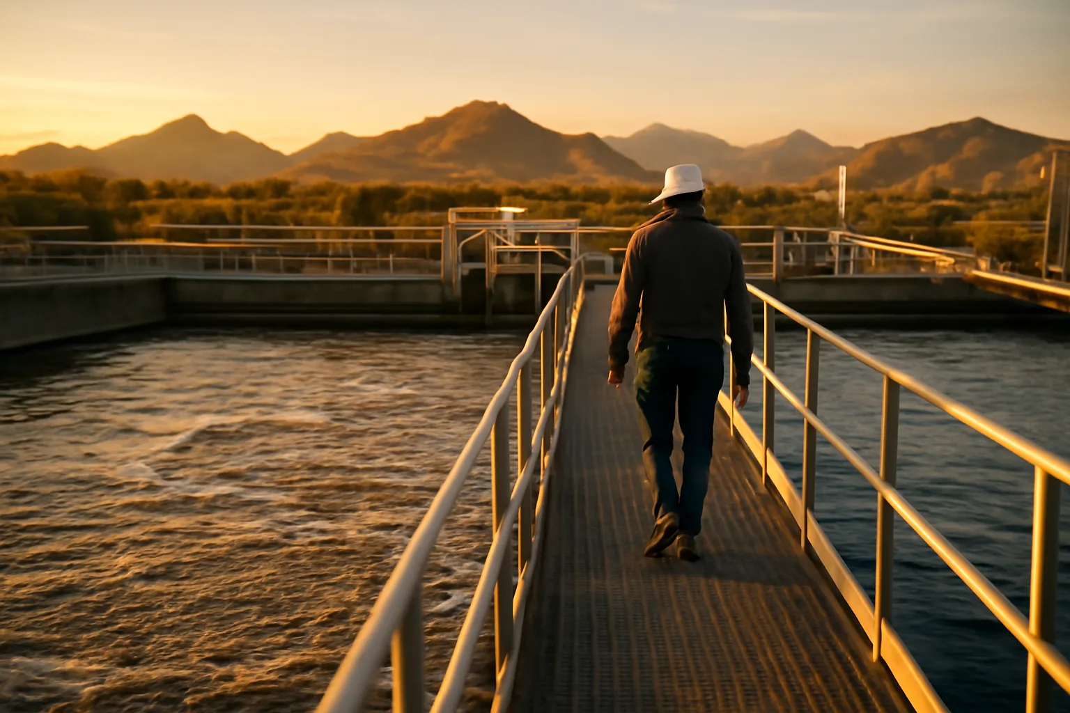 Wastewater operator on an Arizona plant aeration basin catwalk