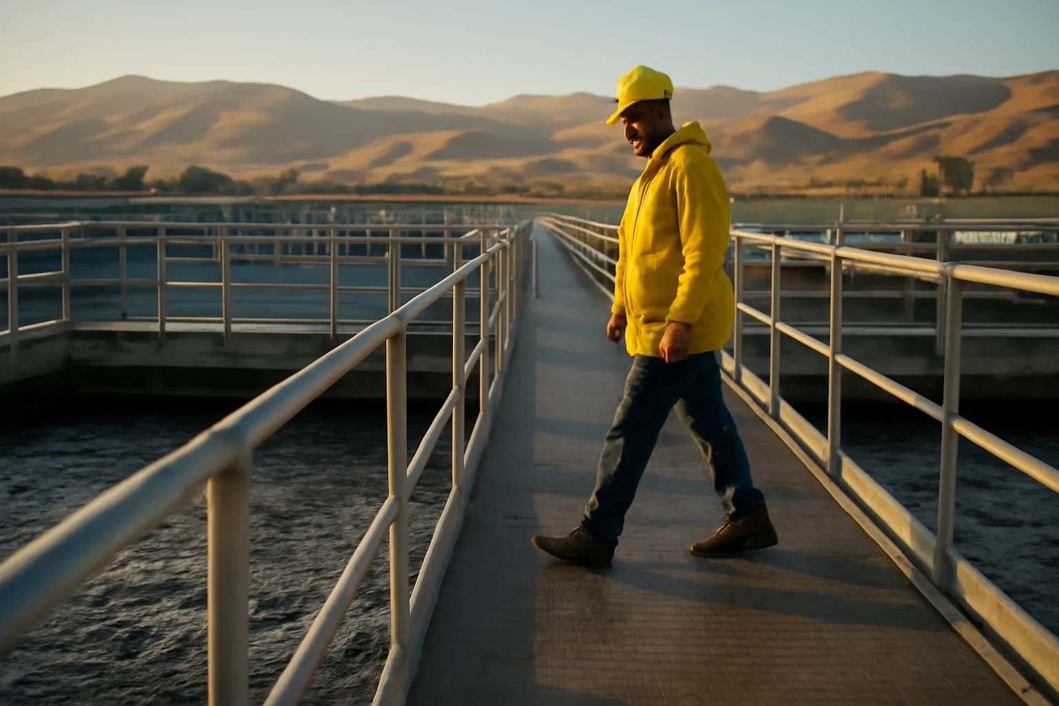 California wastewater operator walking an aeration basin catwalk