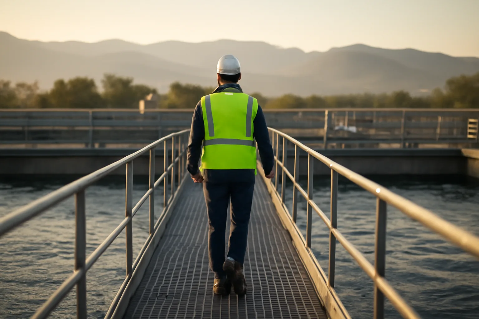 Operator walking a Colorado wastewater plant catwalk at dawn