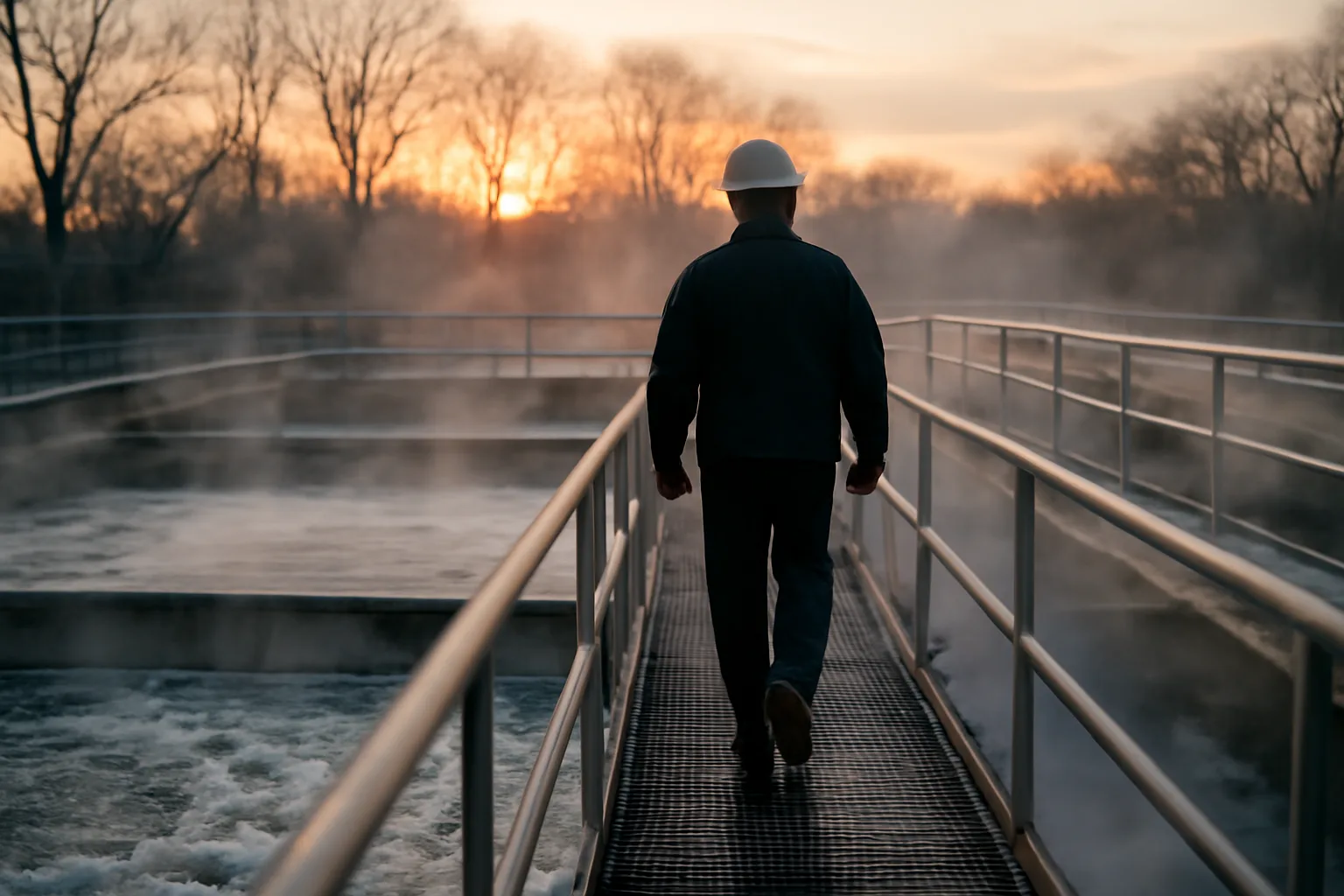 Operator walking an aeration tank catwalk at a Connecticut wastewater plant