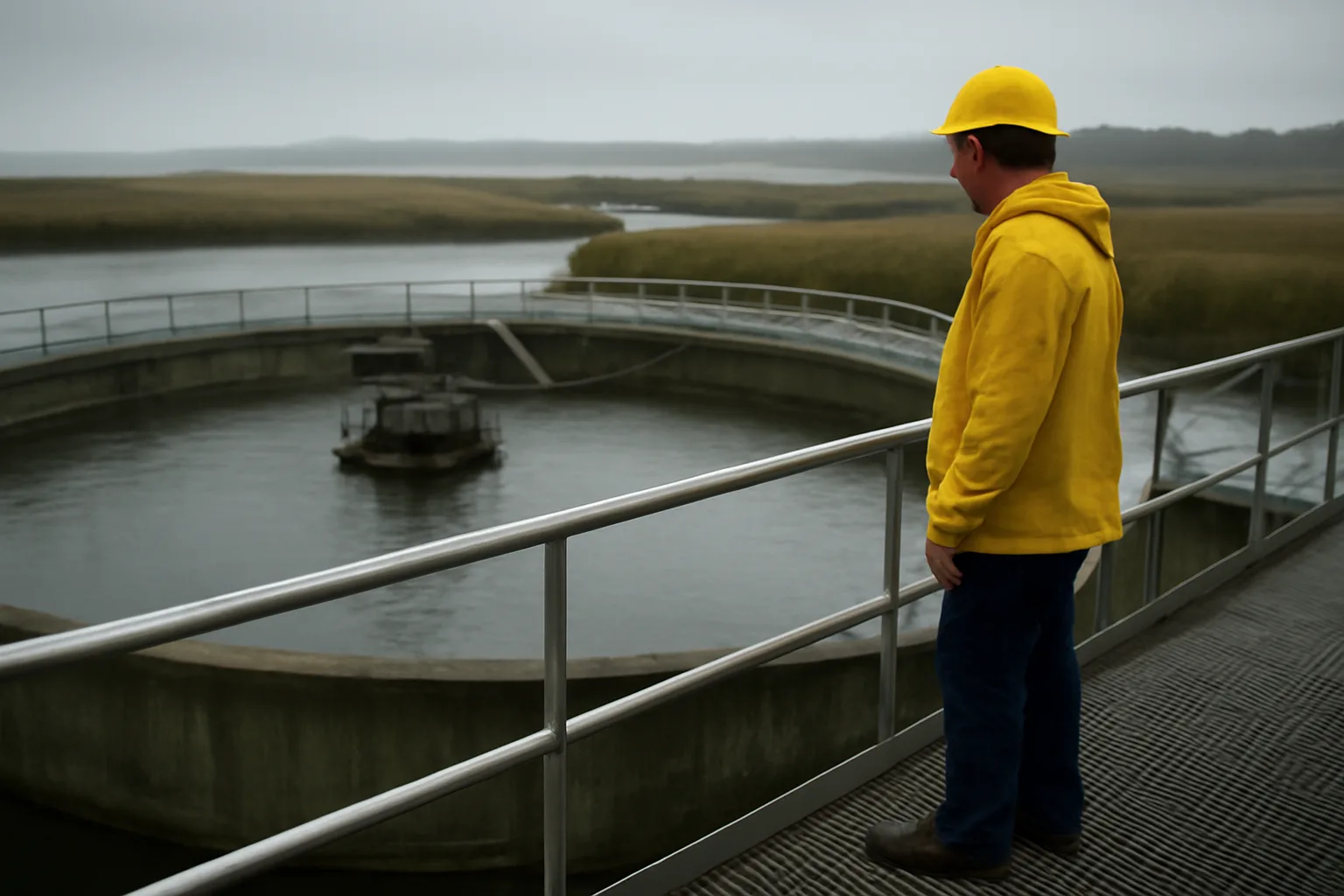 Worker standing above a clarifier at a Delaware wastewater plant