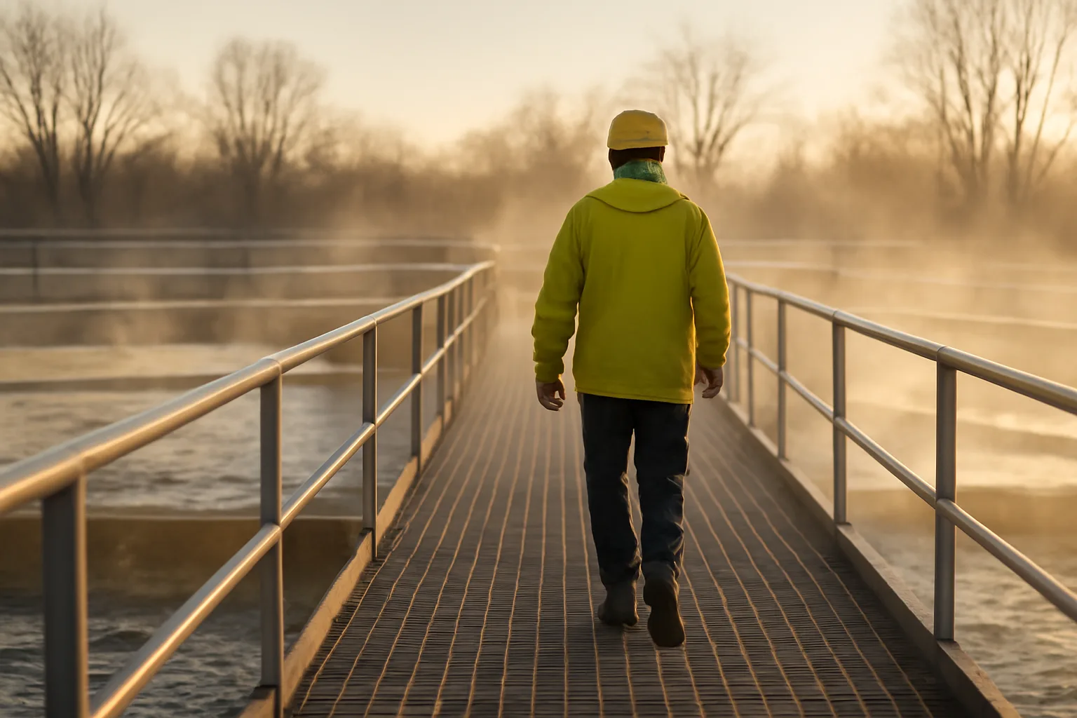 Operator walking aeration basins at an Indiana wastewater plant
