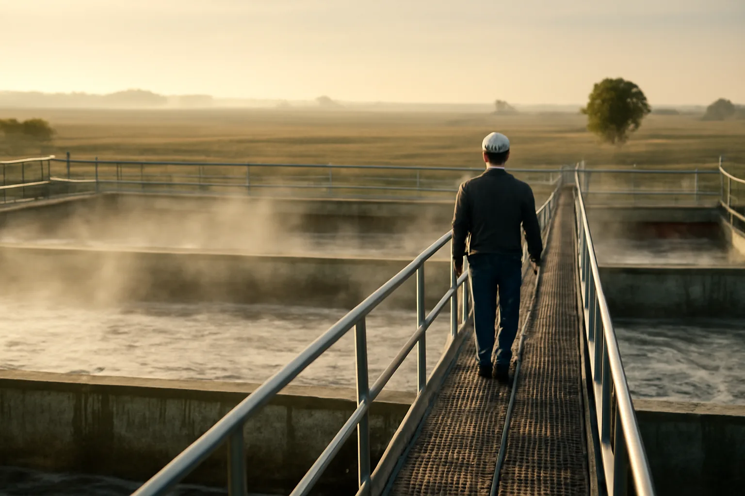 Operator on a catwalk above Iowa wastewater aeration tanks
