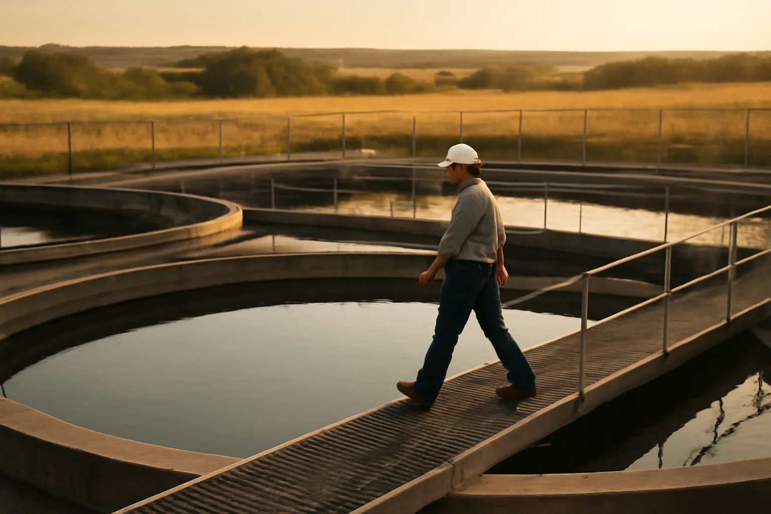 Operator walking a Kansas wastewater plant clarifier walkway at sunset