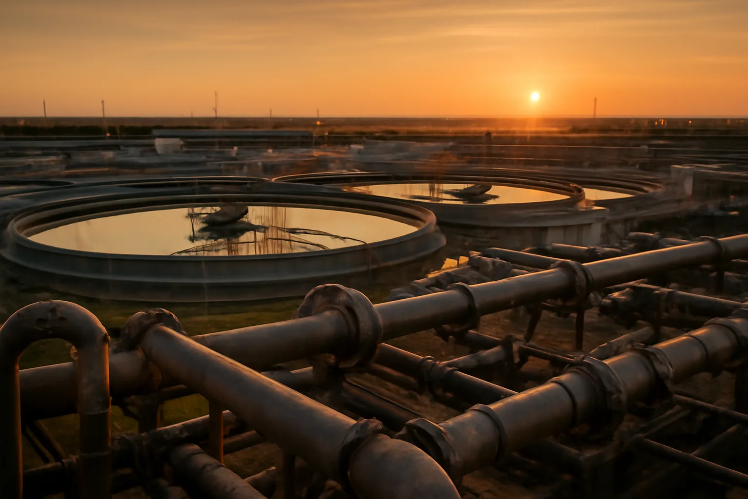 Wastewater treatment plant clarifier tanks at dawn in Texas