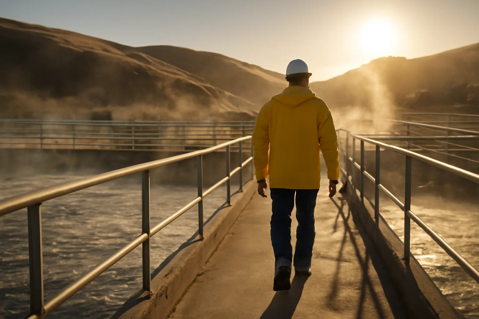 Operator walking a California wastewater plant catwalk at sunrise