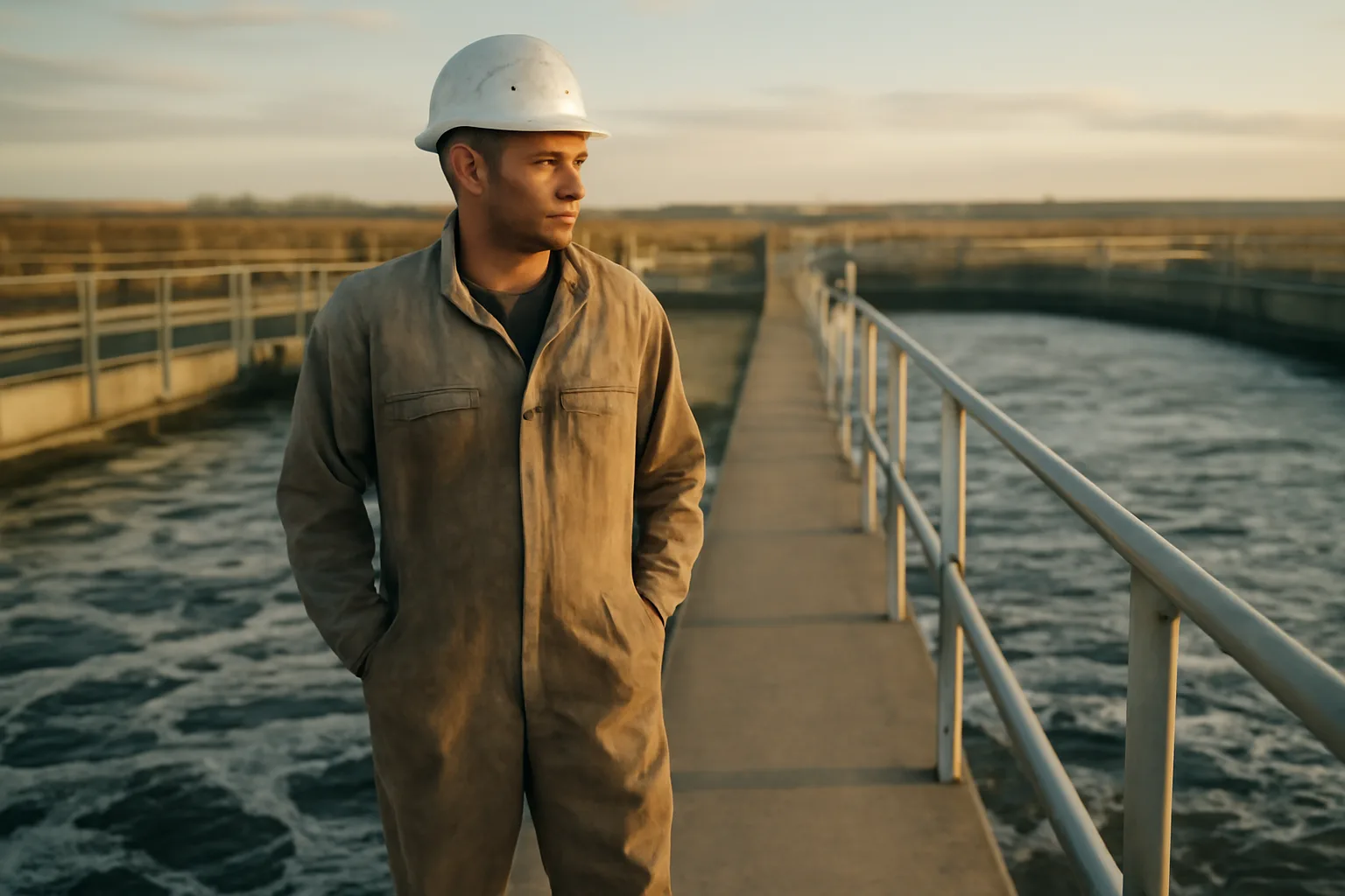 Kansas wastewater operator on a catwalk above aeration basins
