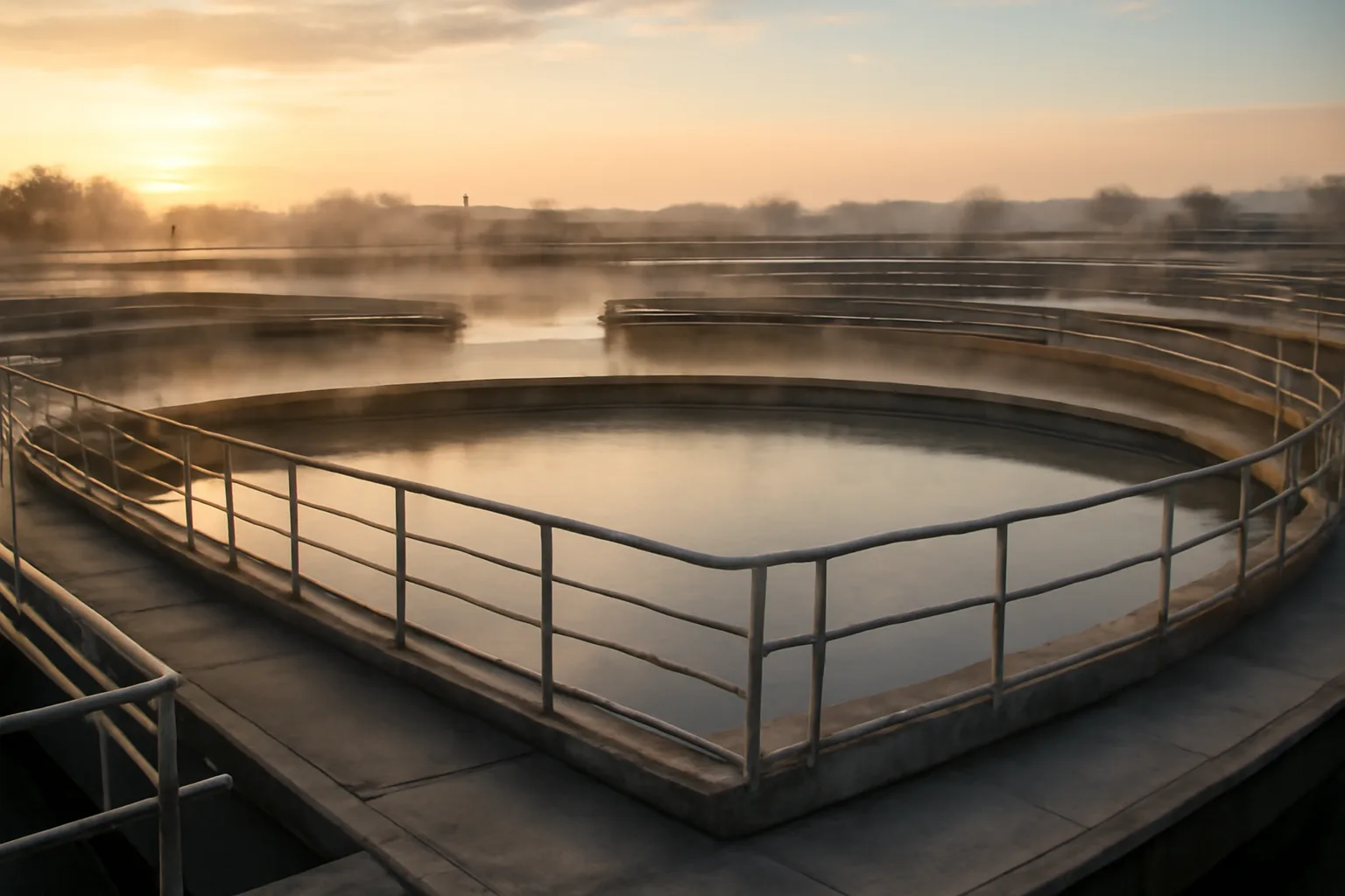 Circular settling tanks at an Alabama wastewater treatment facility at dawn