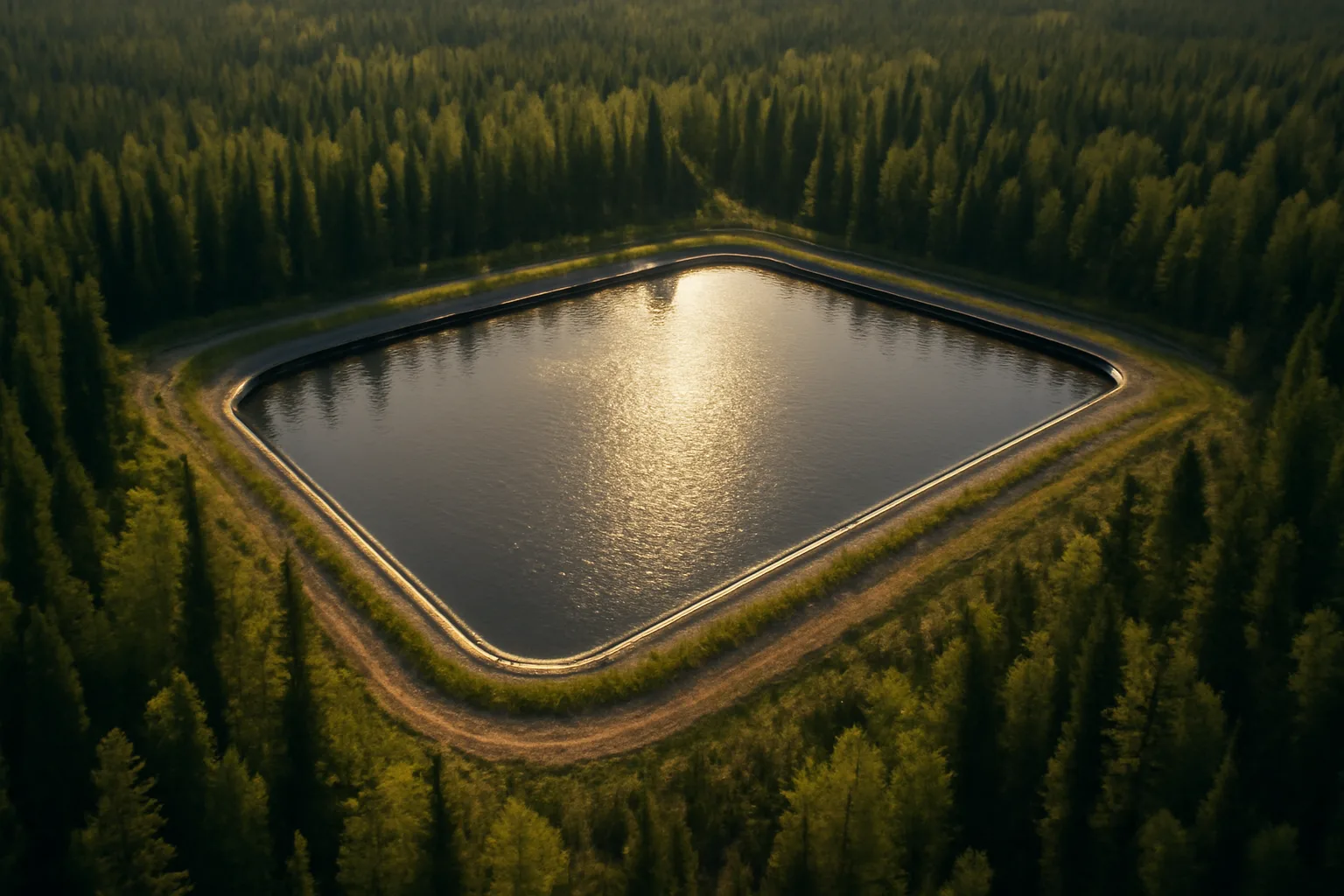 Aerial view of an Alaskan wastewater treatment lagoon surrounded by spruce forest