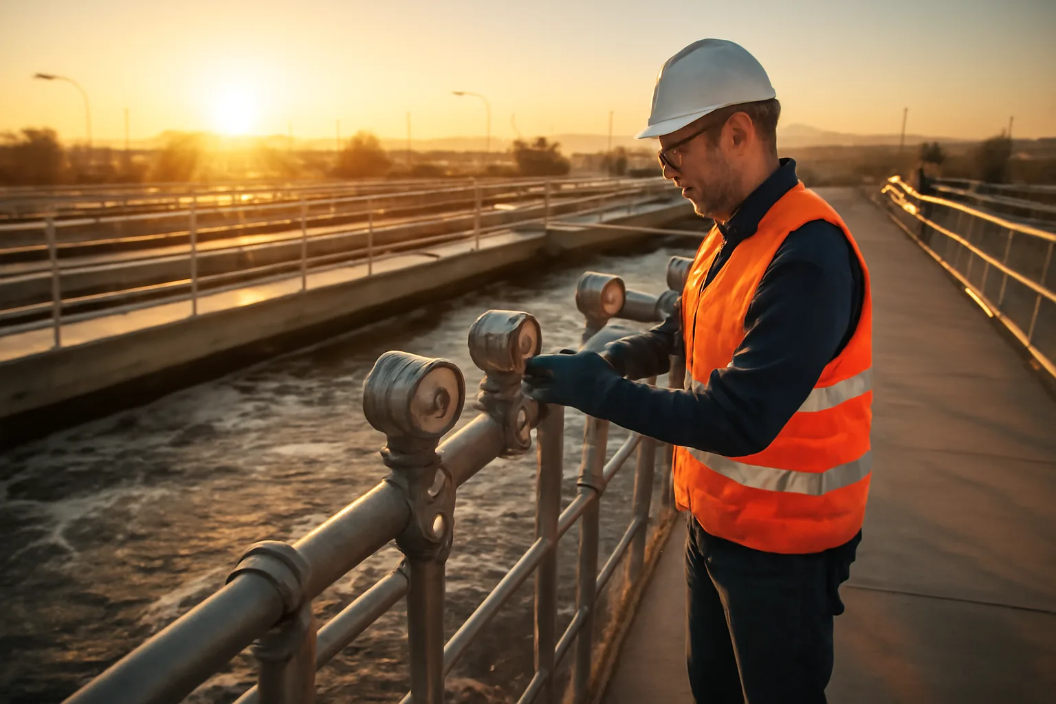 Wastewater operator checking equipment at an Arizona treatment plant at sunrise