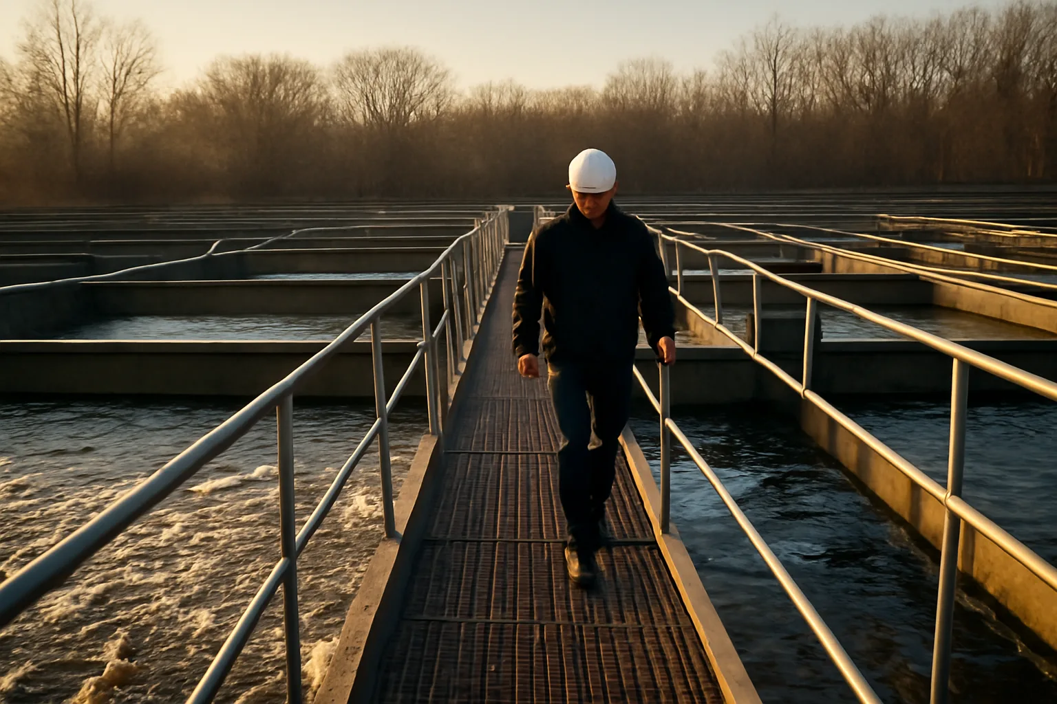 Operator walking a catwalk above an Arkansas wastewater aeration basin