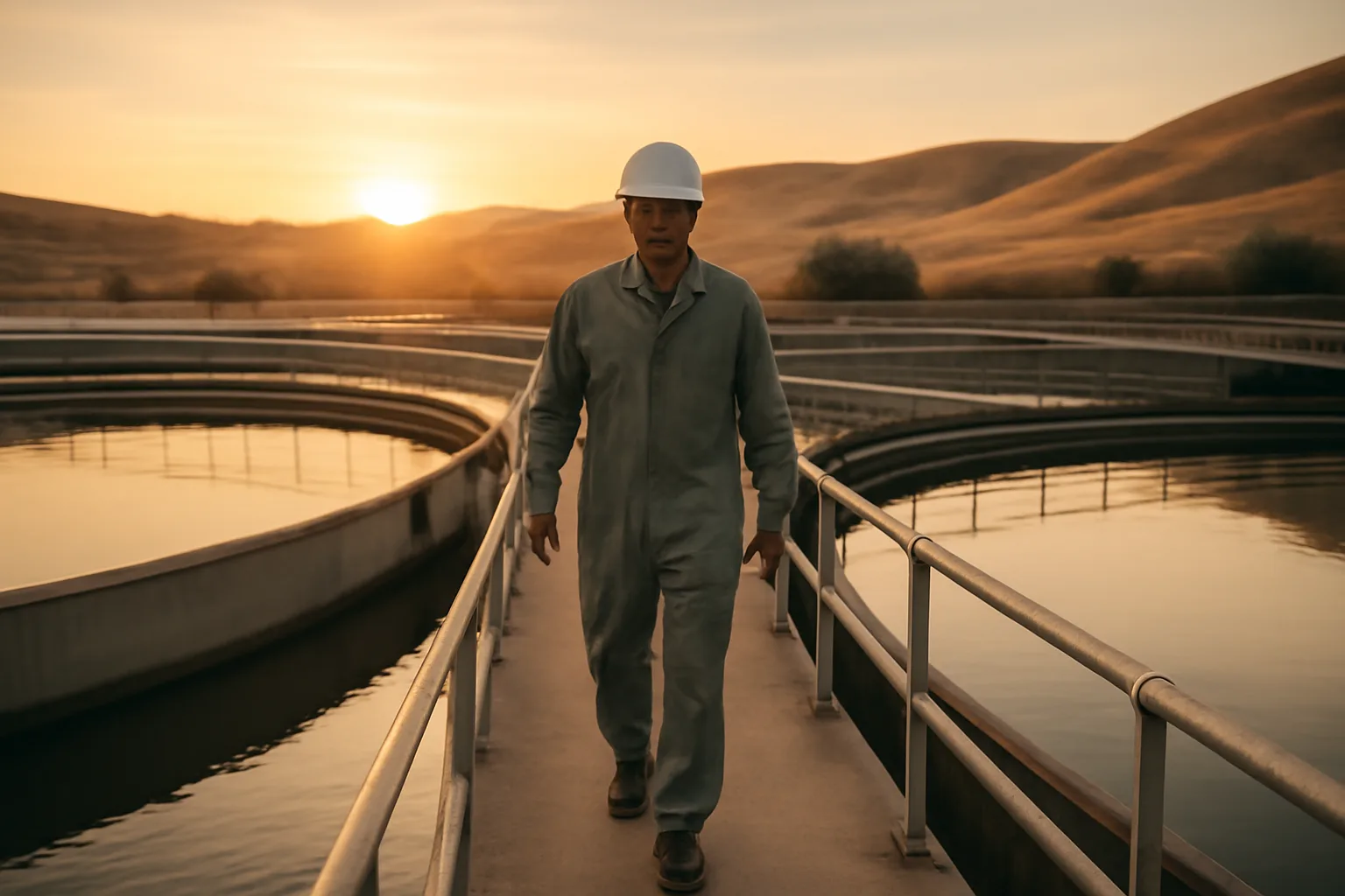 Operator on a clarifier catwalk at a California wastewater plant