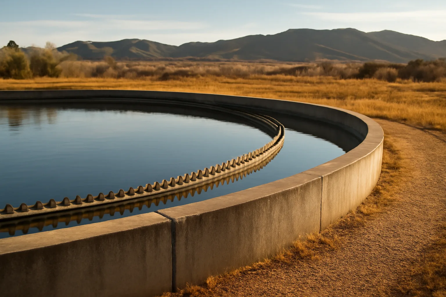Open clarifier at a Colorado wastewater operator plant in afternoon light