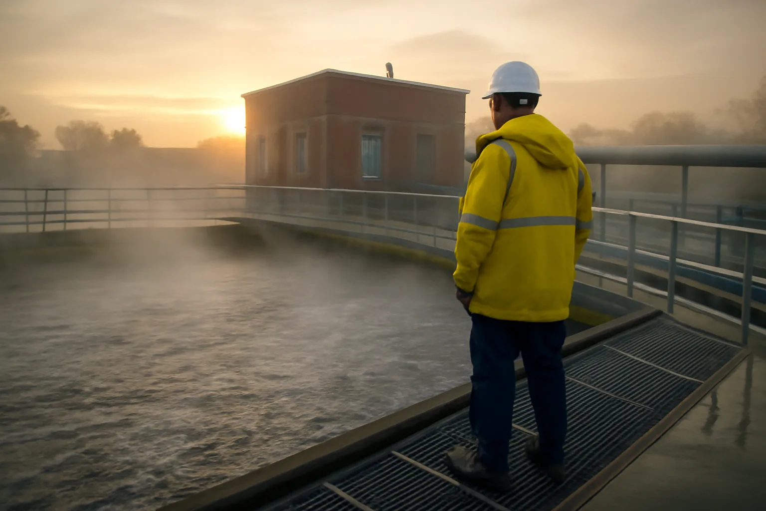 Wastewater operator on an aeration basin grate at a Connecticut plant