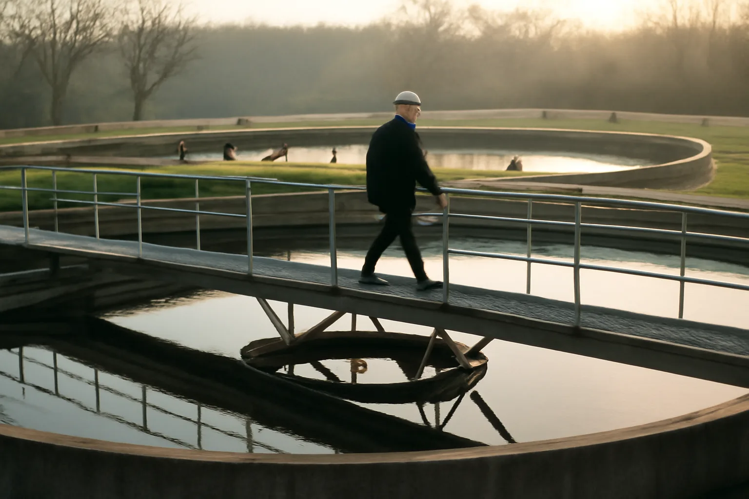 Operator walking clarifiers at a Delaware wastewater treatment plant