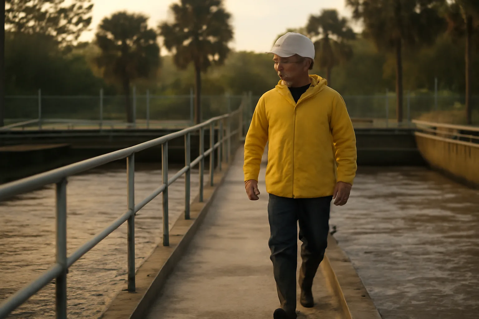 Operator on a Florida wastewater aeration basin catwalk at dawn