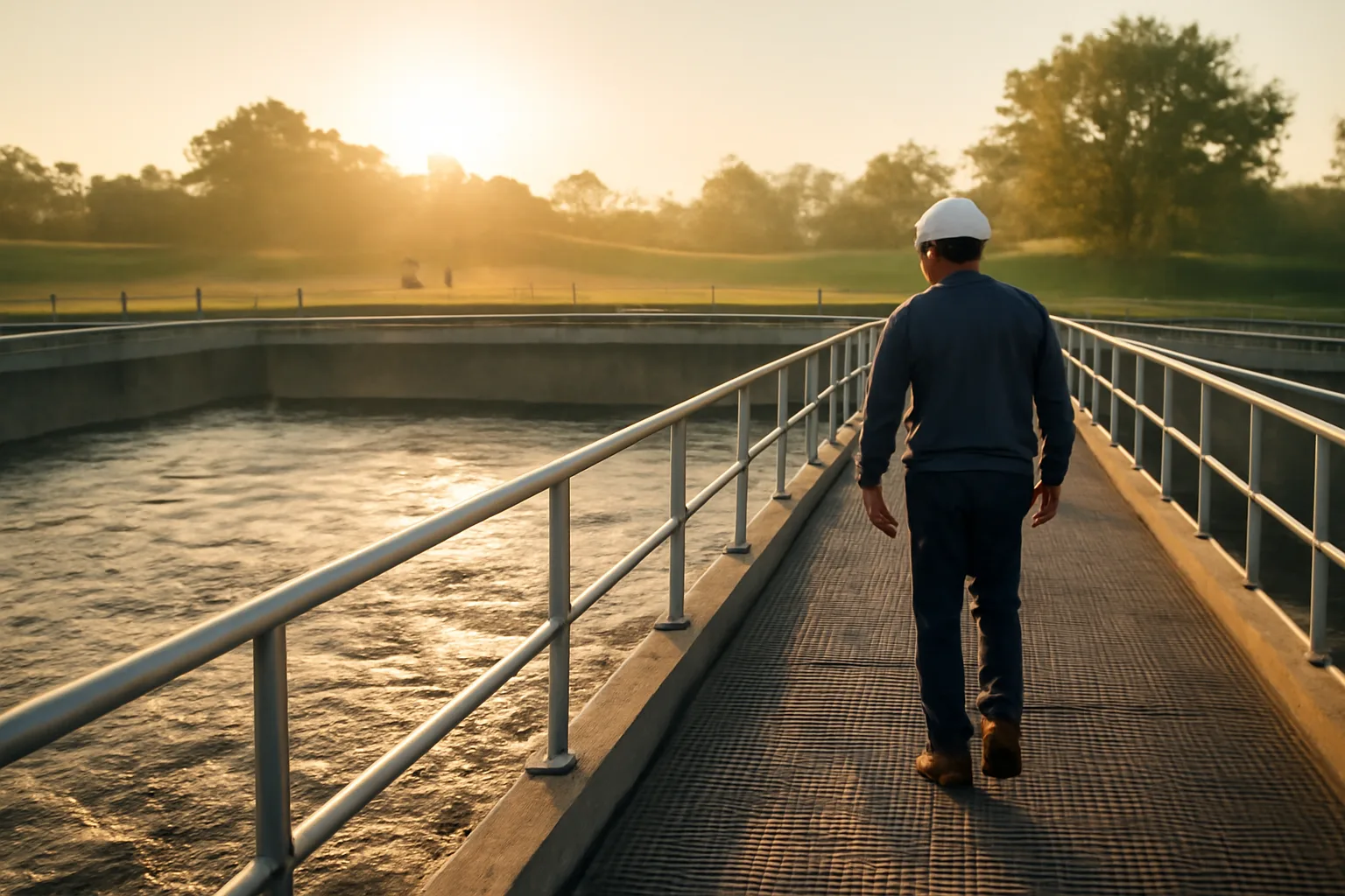 Wastewater operator walking aeration tanks at an Iowa municipal plant