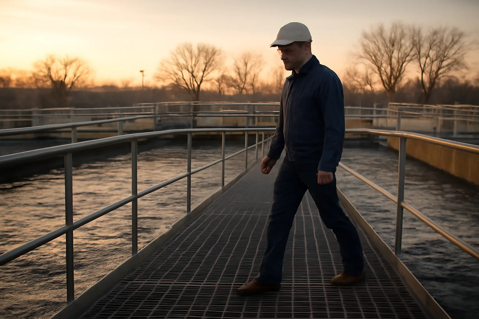 Worker walking over a Kansas wastewater aeration basin at dawn