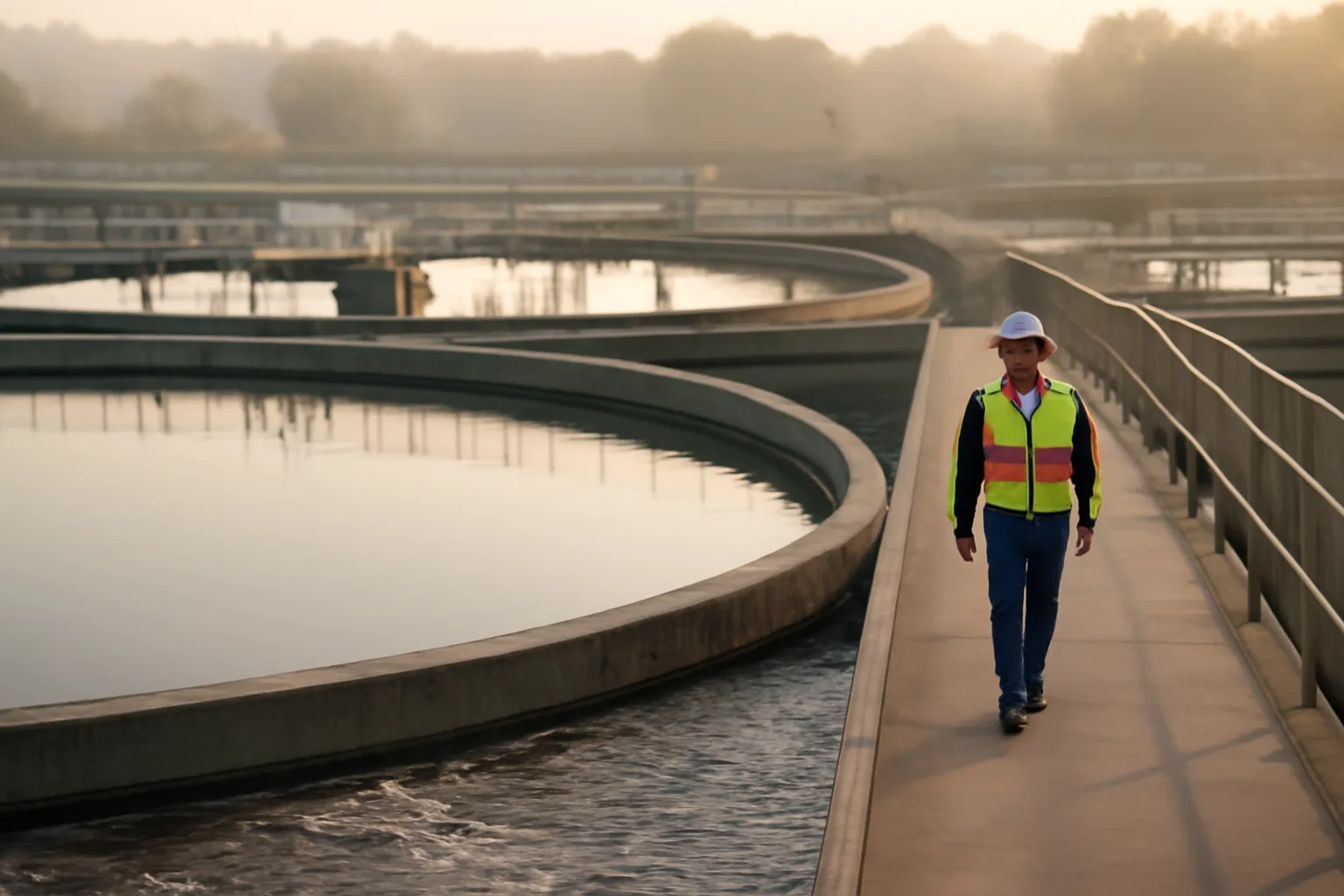 Wastewater operator walking alongside treatment tanks at a Tennessee facility at dawn