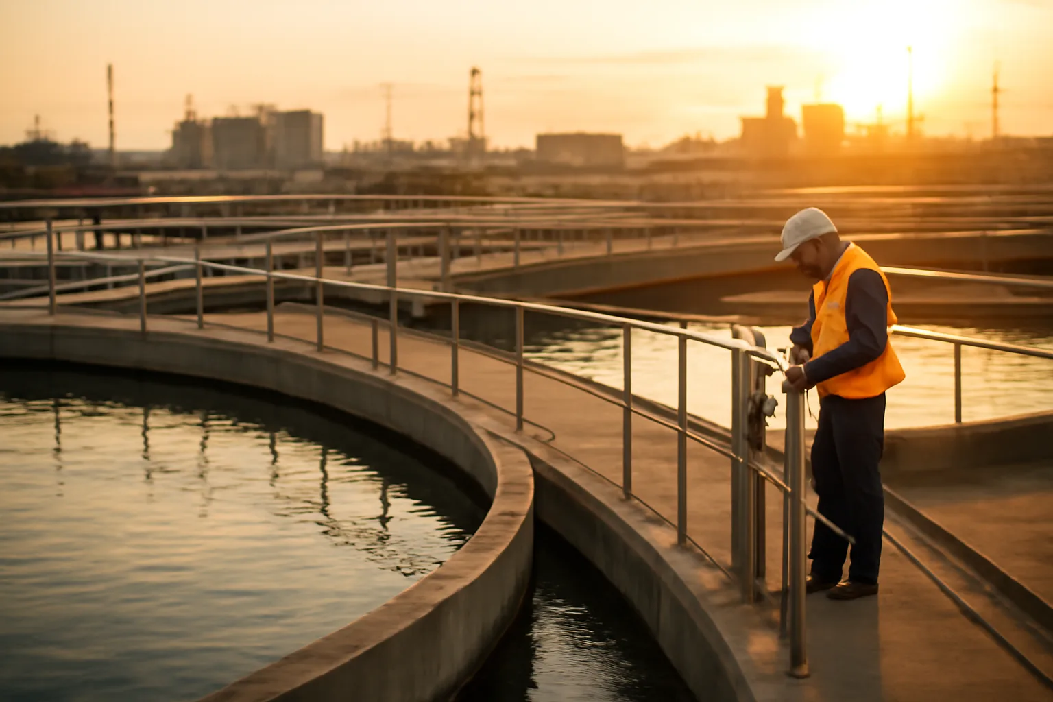 Wastewater treatment plant operator checking aeration basin equipment at a Texas facility