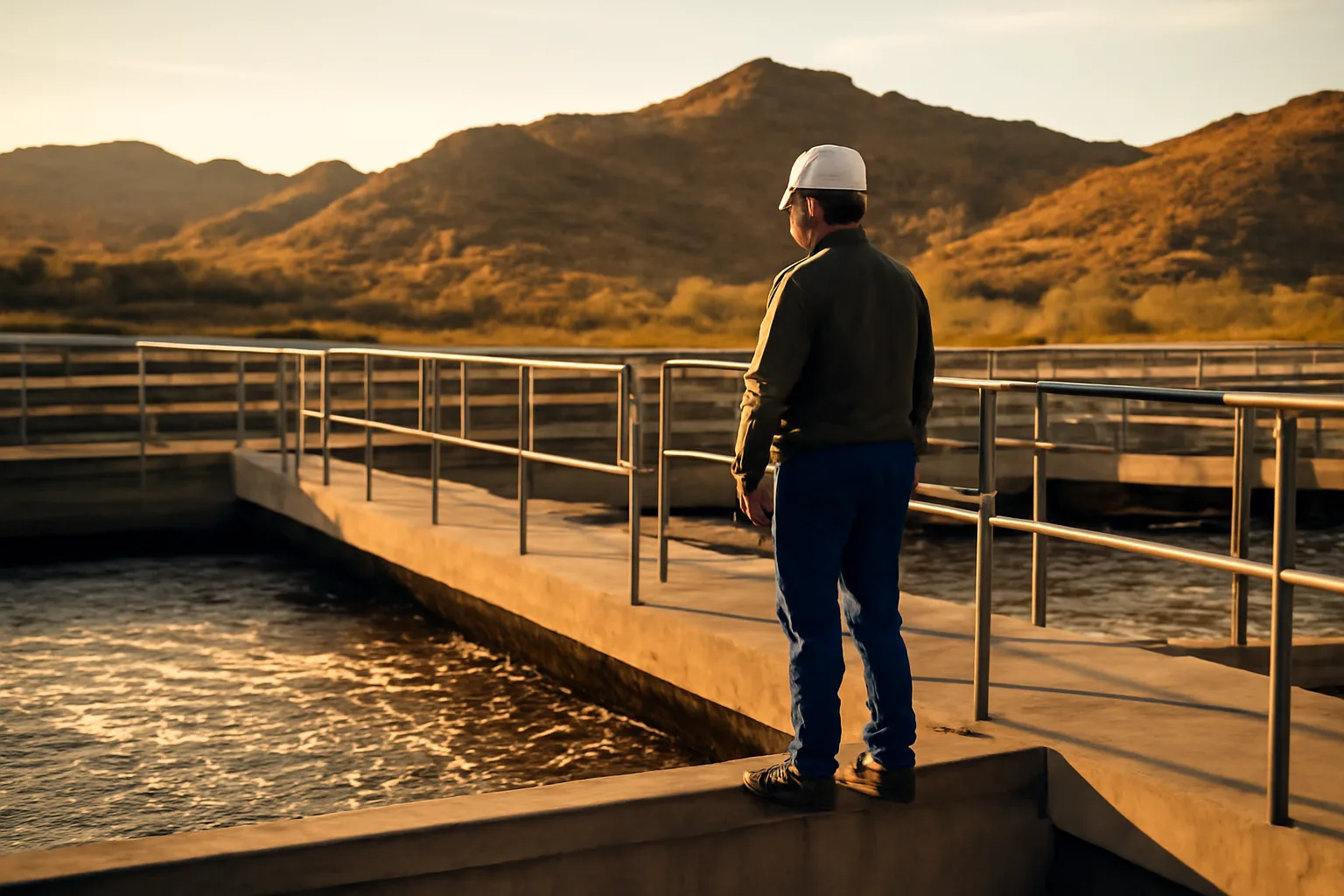 Operator on an aeration basin walkway at an Arizona wastewater plant